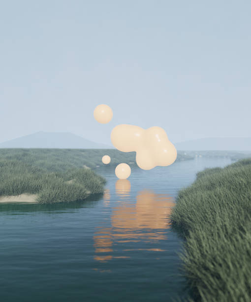 istock Scandinavian landscape with river, fog, thick grass. 3d render, 3d illustration. 1438200131