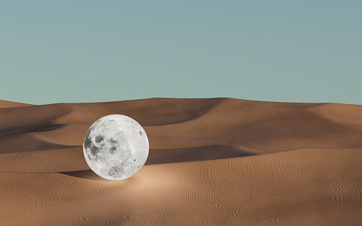 Sci-Fi mystical surreal dunes with full moon in dreamy landscape. Sunset in desert. Fantastic background with copyspace. Outside wallpaper. 3d render, 3d illustration.