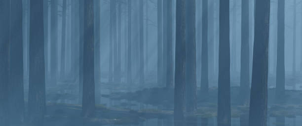 istock Sci-Fi mystical dark forest with fog and God rays. 3d render, 3d illustration. 1438200140