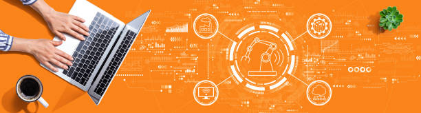 istock Smart industry concept with person using a laptop 1438202200