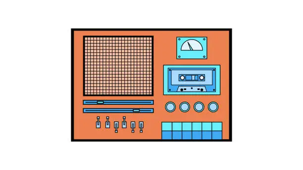 Vector illustration of Old retro vintage music cassette tape recorder with magnetic tape on reels and speakers from the 70s, 80s, 90s. Beautiful icon. Vector illustration