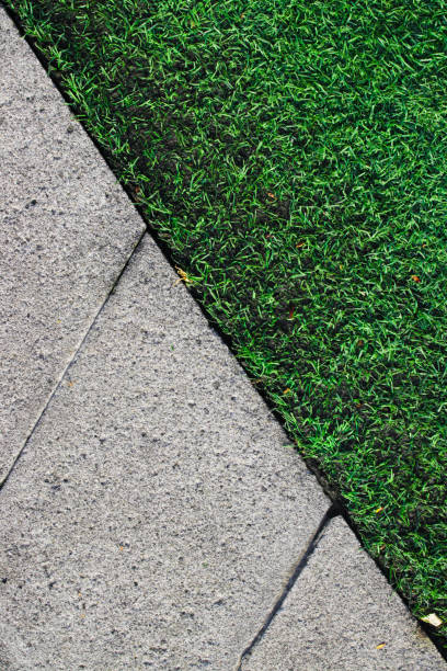 istock artificial turf and concrete tiles in a walkway in a green lawn. 1438202927