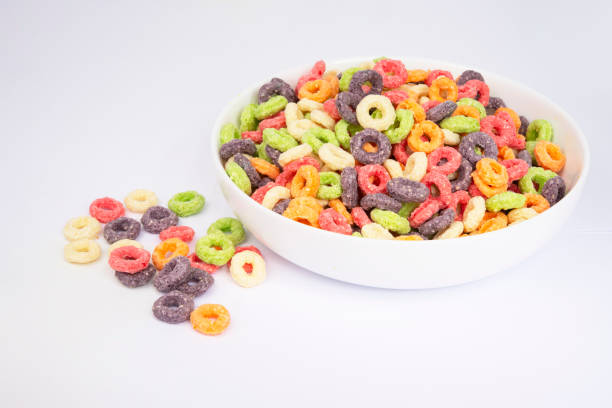istock Multicolor loops breakfast cereal rings on the white background 1438203644
