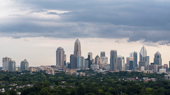 An evening panoramic view of Downtown Charlotte, North Carolina, USA.