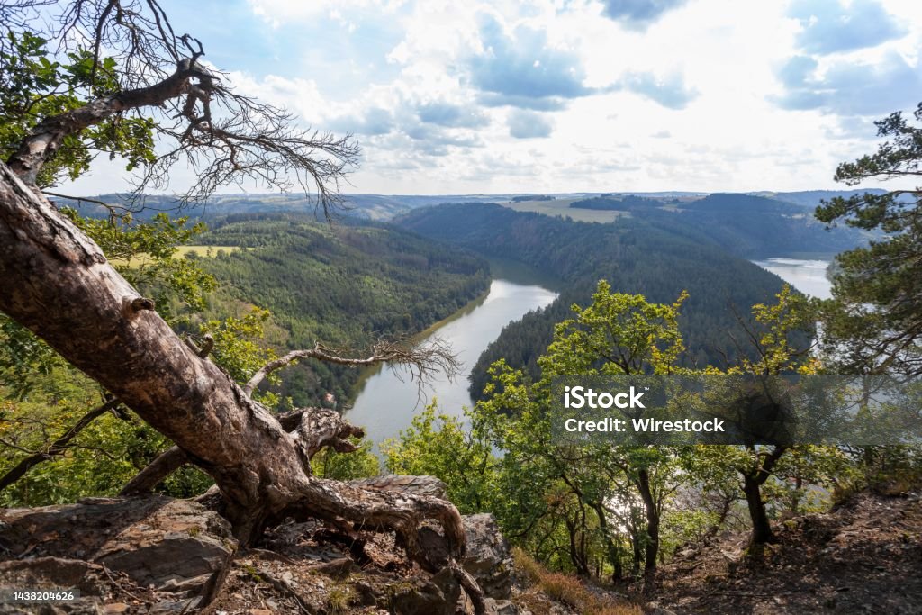 Viewpoint and hiking trail on the Hemmkoppe near ZiegenrÃ¼ck. Vi Viewpoint and hiking trail on the Hemmkoppe near ZiegenrÃ¼ck. View of the Saale, Saale loop in the Thuringian Sea. Color Image Stock Photo