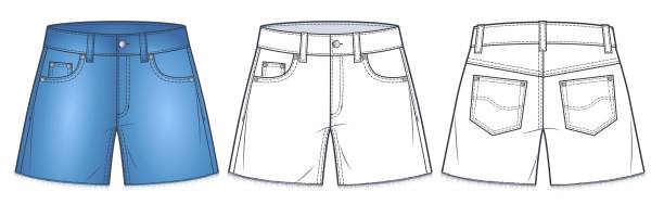 ilustraciones, imágenes clip art, dibujos animados e iconos de stock de pantalones cortos con dobladillo crudo ilustración técnica de moda, diseño azul. plantilla de dibujo plano de moda estilo vaquero shorts, frontal, vista trasera, blanco, mujeres, hombres, maqueta cad unisex. - jean shorts