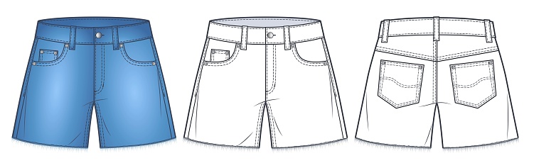 Short Pants with raw hem technical fashion illustration, blue design. Denim style Shorts fashion flat drawing template, front, back view, white, women, men, unisex CAD mockup.