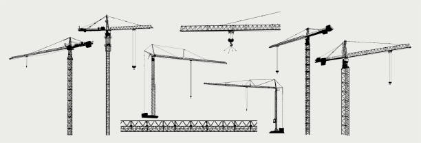 タワー建設クレーンのセット。シルエットクレーン作業棟。白い背景に建物のクレーンを持つイラスト。ベクター線画。 - crane tower crane construction silhouette点のイラスト素材／クリップアート素材／マンガ素材／アイコン素材