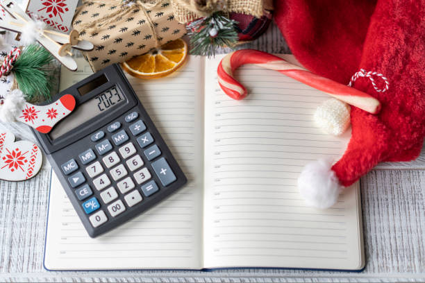 istock New Year's layout with calculator, Santa's hat and Christmas decorations 1438206150
