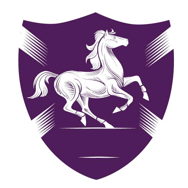 紫の背景にロゴ、装飾的な白い馬、白い背景に分離型オブジェクト、ベクターイラスト、 ベクターアートイラスト