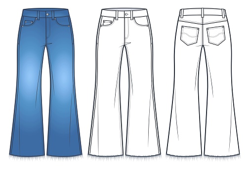 Unisex flared bottom  Jeans Pants technical fashion illustration, blue design. Denim Pants with raw hem, medium waist, flared fit, front view, back view, white, women, men, unisex CAD mockup.