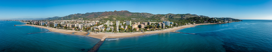 Panorama and Areal View of Benicàssim, a municipality and beach resort located in the province of Castelló, on the Costa del Azahar in Spain