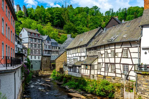 Beautiful houses along the Rur River in the historic center of Monschau, Germany