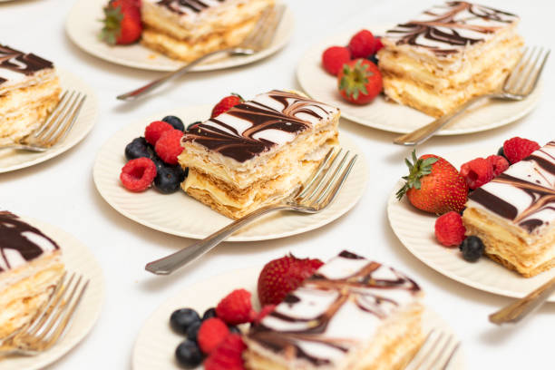 istock Selective focus on plated Napoleon dessert pastries in rows 1438211304