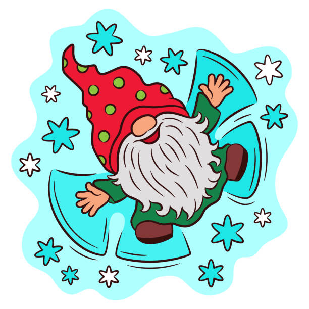 Сute gnome is lying in the snow making a snow angel. Playful little scandinavian gnome character. Children's winter vector illustration. Winter fun Christmas holiday outdoor activity. snow angels stock illustrations
