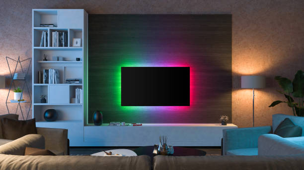 bandes lumineuses tv. illustrations 3d - man made structure high definition television domestic room living room photos et images de collection