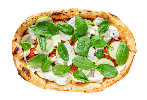 Roman pizza with spinach, zucchini slices, stracciatella cheese and tomatoes on marble background.. Italian food, overhead