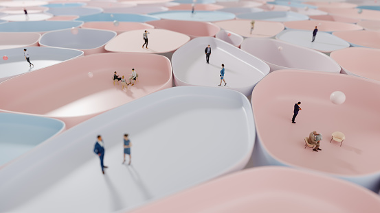 Abstract surface made of pastel islands populated randomly by people and spheres. All items in the scene are 3D