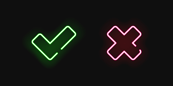 Checkmark and cross neon style vector illustration. Yes and no check icon glowing neon light. Approve and reject on dark background.