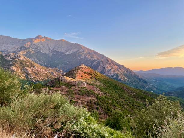 Fortin de Pasciolo at sunrise. Fort in the mountains at Vivario with stunning views. Corsica, France. Fortin de Pasciolo at sunrise. Fort in the mountains at Vivario with stunning views. Corsica, France. vivario photos stock pictures, royalty-free photos & images