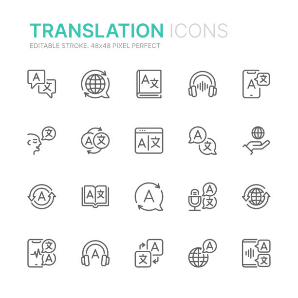 illustrazioni stock, clip art, cartoni animati e icone di tendenza di raccolta di icone di struttura relative alla traduzione. 48x48 pixel perfetto. tratto modificabile - multilingual