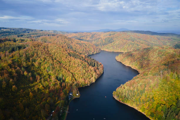 istock Autumn landscape with mountains and river, aerial top view 1438217064