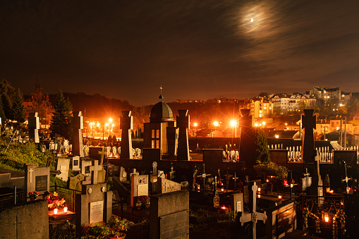 Lviv, Ukraine - November 1, 2022: Lychakiv Cemetery State History and Culture Museum-Preserve in Lviv, Ukraine on All Saints' Day at night