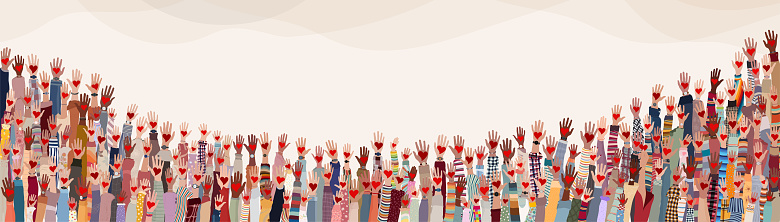 Group of raised hands. Diverse people holding a heart. Charitable donation and volunteer work. Support and assistance. Multicultural and multiethnic community.Diversity of people. NGO. Aid