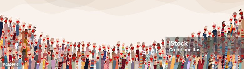 istock Group of raised hands. Diverse people holding a heart. Charitable donation and volunteer work. Support and assistance. Multicultural and multiethnic community.Diversity of people. NGO. Aid 1438219191