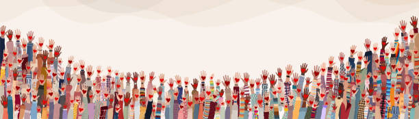 Group of raised hands. Diverse people holding a heart. Charitable donation and volunteer work. Support and assistance. Multicultural and multiethnic community.Diversity of people. NGO. Aid Possible use for association or volunteer community. Voluntary assistance cone. Expression of joy. Voting or election concept. Community of multi-ethnic and multicultural people. Racial equality. Cooperation and friendship between people unity stock illustrations