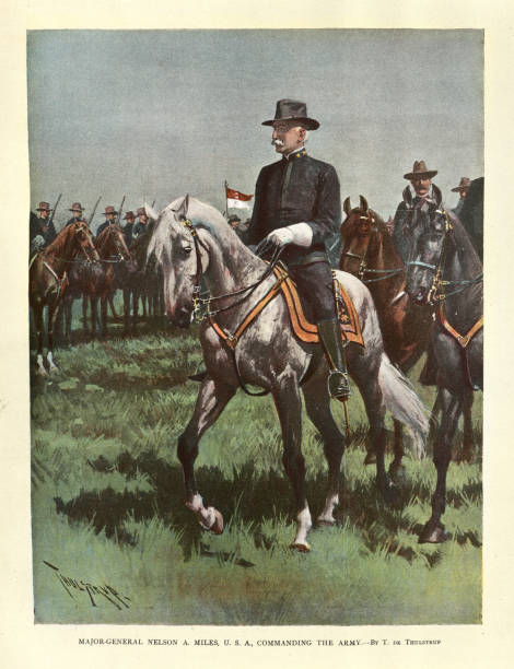 Vintage illustration Nelson A. Miles Commanding General of the United States Army, inspecting troops, Spanish American war