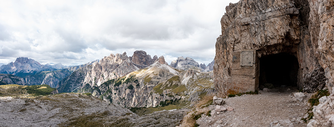 An old fortress entrance in the Dolomites near the 3 Zinnen mountains, remains of the World War I and the Austro-Italian frontline