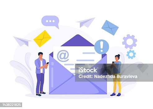 istock Sending and receiving mail messages. People using electronic mail by mobile phone. Characters holding smartphone and writing email letters. New incoming sms, chat in social network, spam 1438221825
