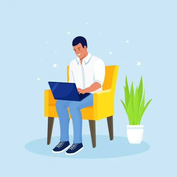 Vector illustration of Freelancer sitting in chair and earn money. Freelance, Effective and productive work. Home office workplace. People working remotely from his laptop