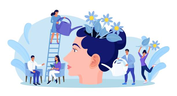 ilustrações de stock, clip art, desenhos animados e ícones de mental health. tiny people watering human head with flowers inside. characters healing mind, soul for happy lifestyle. psychology. positive thinking, self care. wellbeing, acceptance, blooming brain - skill emotional stress occupation men