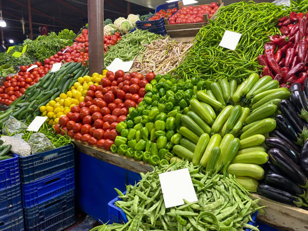 Fresh vegetables on display at the market in Antalya stock photo