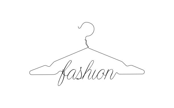 illustrations, cliparts, dessins animés et icônes de conception créative de logo de mode. signe vectoriel avec lettrage et symbole du cintre. calligraphie logotype dans le style dessin au trait isolé sur fond blanc - clothing closet hanger dress