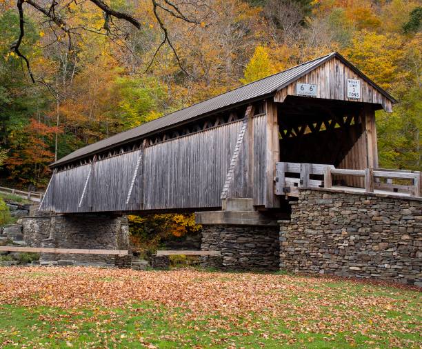 istock Rural wooden covered bridge, Autumn leaf color 1438226001