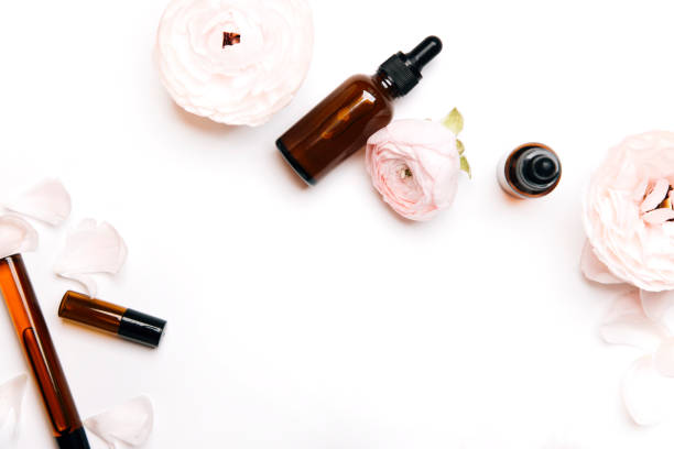 istock facial cosmetics and flowers on a white background. self-care 1438226432