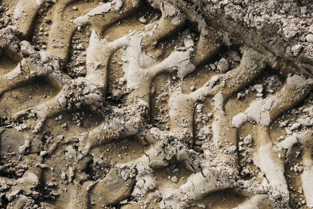 istock Tyre mark background. Tire track shape. Trail lines on dry brown sand pattern. Road construction site backdrop. 1438229809