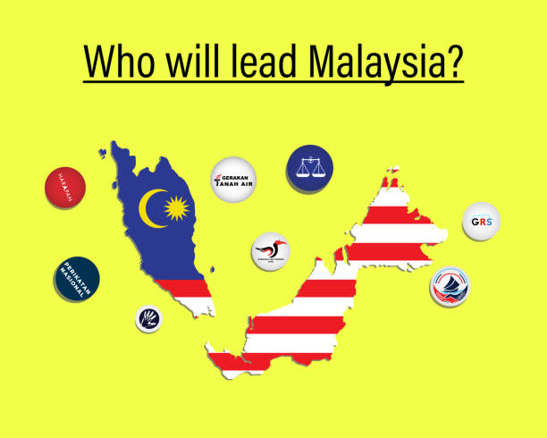 Malaysia Political Party A vector of Malaysia Political Party, Malaysia map in country colour and who will lead Malaysia word. Malaysia General Election Concept. Franchise In Malaysia stock illustrations