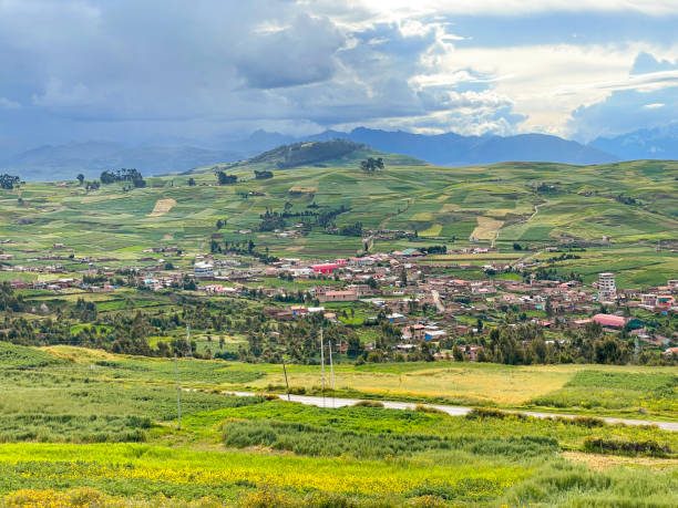View of mountains village and forests in Sacred Valley- Urubamba valley- Peru