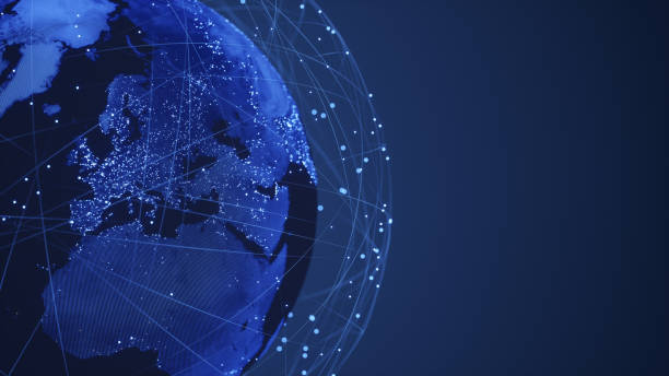 Global Communication Blue digital Globe with connections.
(World Map Courtesy of NASA: https://visibleearth.nasa.gov/view.php?id=55167) blue world stock pictures, royalty-free photos & images
