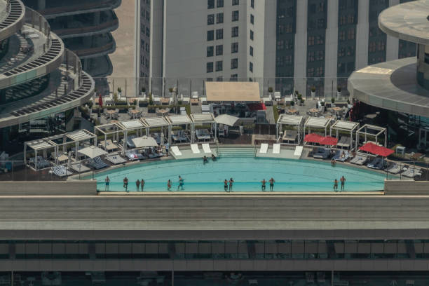 Tourist resort pool at night in Dubai UAE