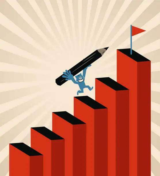 Vector illustration of Concept of Setting Writing Goals, A man carrying a big pencil and climbing up the growing chart steps