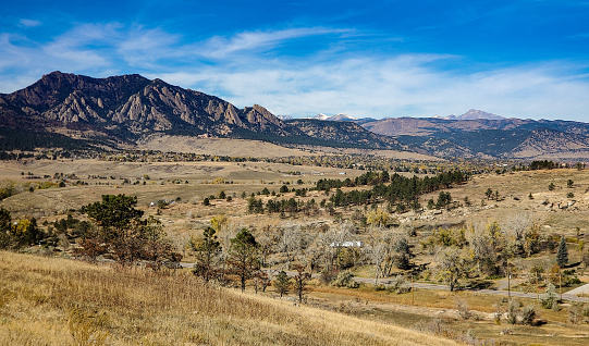 Distant view of Boulder, Colorado with The Flatirons and Long's Peak behind.