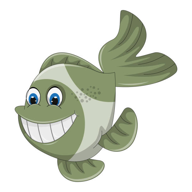 ilustrações de stock, clip art, desenhos animados e ícones de gold fish green and white color and big smile cartoon vector illustration - animals and pets isolated objects sea life