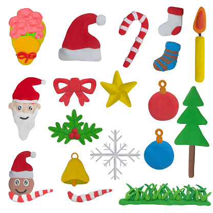 set of Christmas item or object made from colorful plasticine on white isolated background