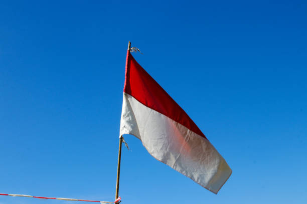 istock Indonesia flag on a bamboo pole with blue sky 1438246983