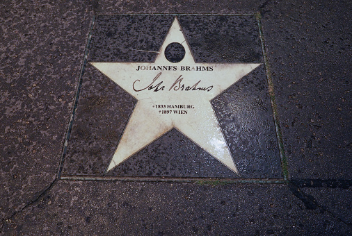 Hollywood, CA - November 25, 2019: The Hollywood Walk of Fame is a popular landmark in Los Angeles. This blank star is a placeholder for future inductees of the Walk of Fame. Shot in the afternoon on Hollywood Blvd. near Hollywood and Highland after a rain storm in Hollywood, CA on Nov. 25, 2019.